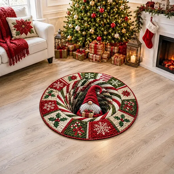 🎄 Christmas Gnome Optical Illusion Round Rug | Fun Festive Home Decor Must‑Have⭐🏠🎁