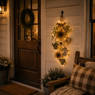🌻SunnyHearth – Rustic Wooden Garden-Themed Hanging Ornament with Remote Control Fairy Lights