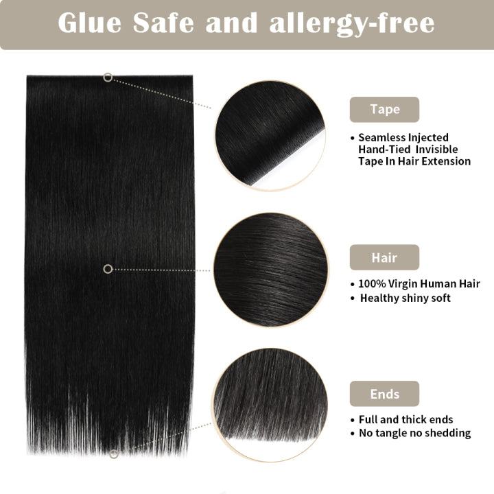 Details of YILITE (#1) Jet Black Tape Weft Hair Extensions: Seamless Tape, Virgin Hair, Thick Ends
