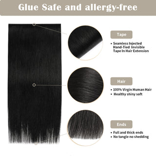 Details of YILITE (#1) Jet Black Tape Weft Hair Extensions: Seamless Tape, Virgin Hair, Thick Ends
