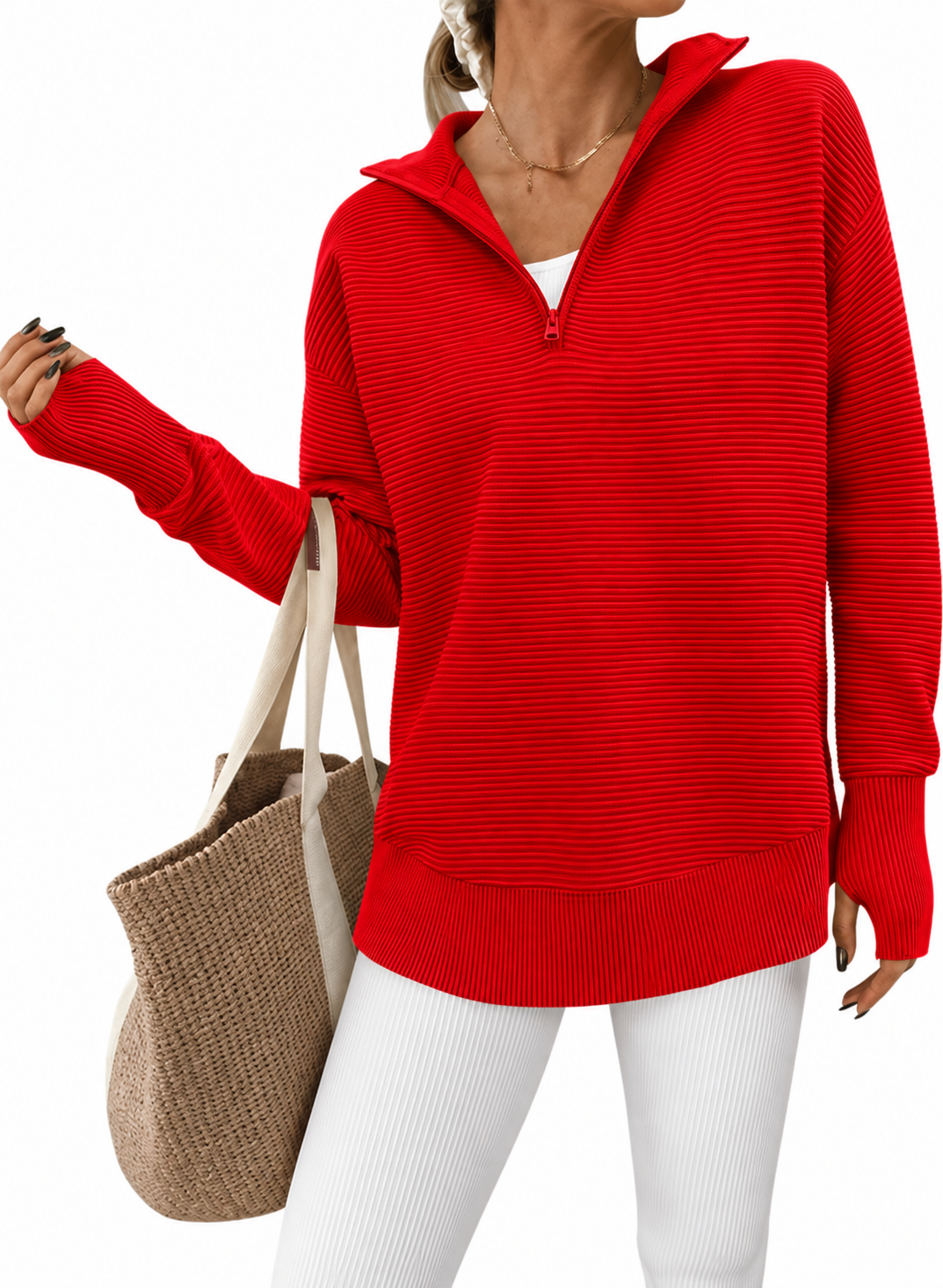 RibLoom – Women's Ribbed Half-Zip Tunic Sweater, Relaxed Fit Long Sleeve Pullover