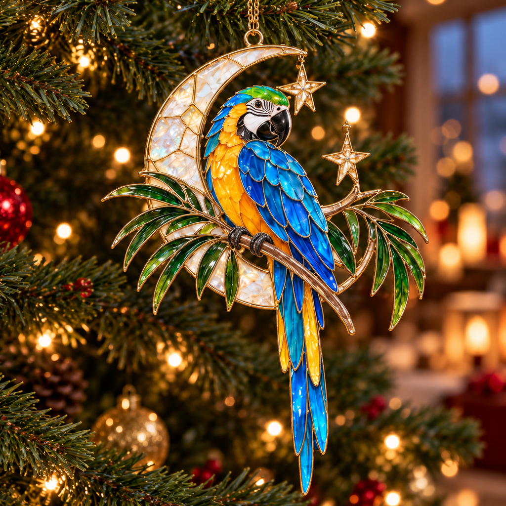 TropicGlow – Vintage Stained Glass-Style Parrot Christmas Ornaments