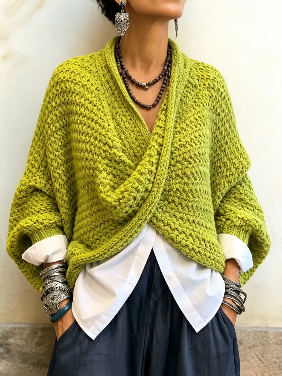 CrossKnit – 🤲⏰ Cozy Relaxed Batwing-Sleeve Crossover V-Neck Sweater