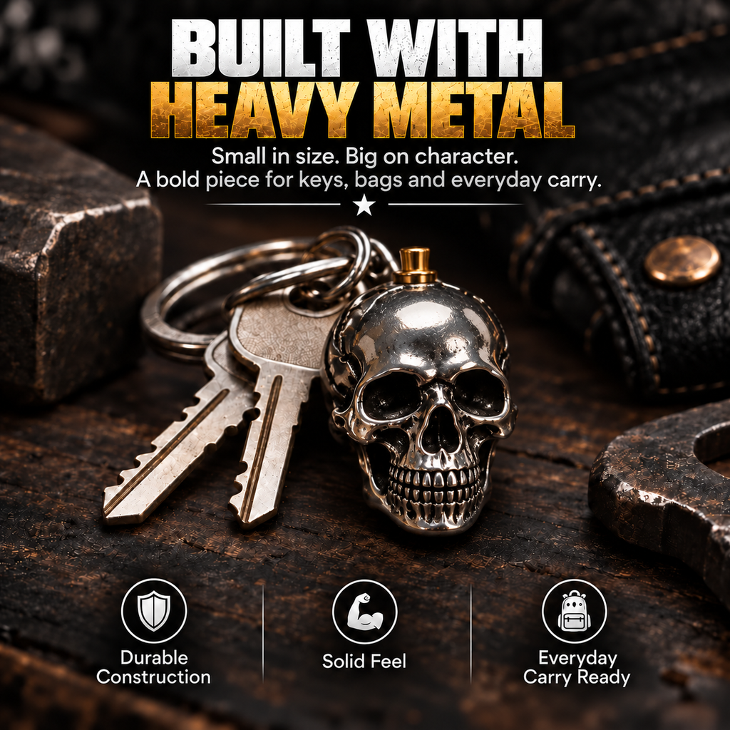 🔑SkullForge – 3D Steel Skull Keychain, Gothic Biker EDC Key Ring