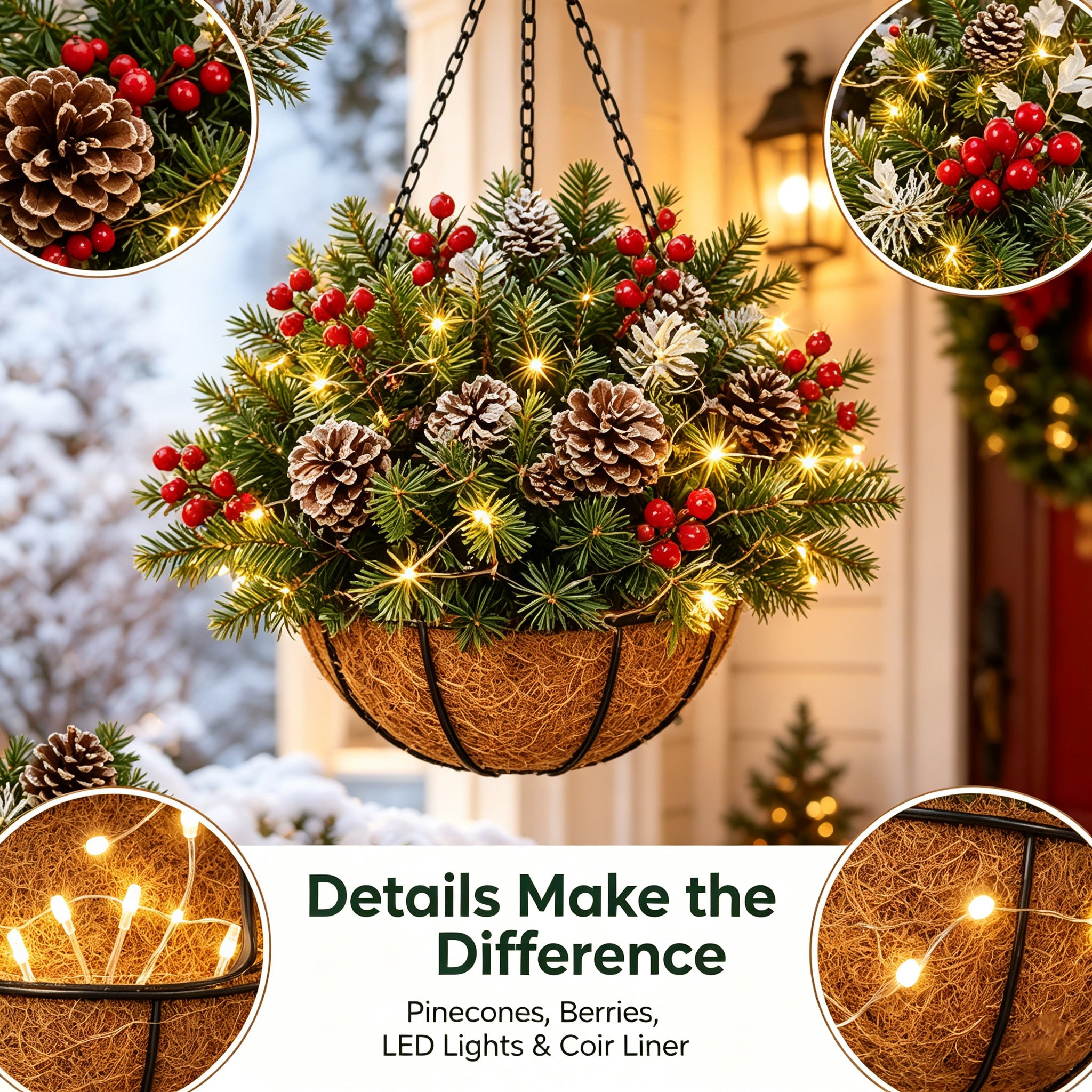 HollyGlow – 🎄🏆 Pre-Lit Christmas Hanging Basket | 🎄 Weather-Resistant & Zero Maintenance