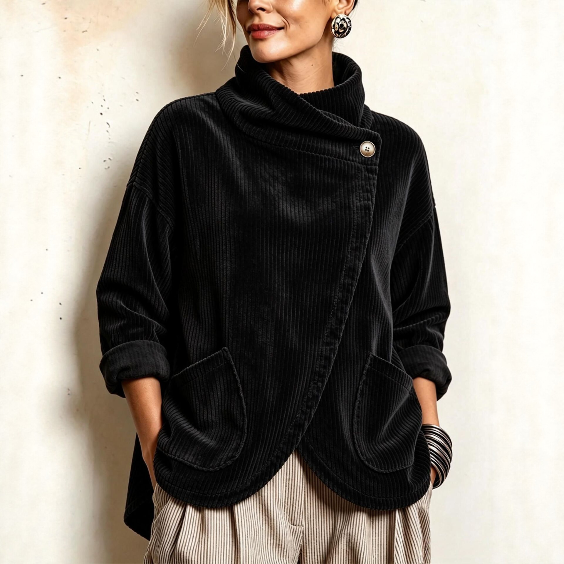 CordaWrap – 🤲⏰ Cozy Asymmetric Button-Accented Corduroy Top
