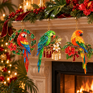 TropicGlow – Vintage Stained Glass-Style Parrot Christmas Ornaments