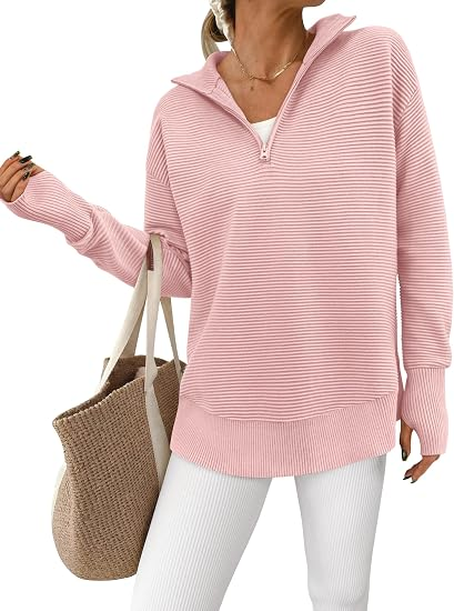 RibLoom – Women's Ribbed Half-Zip Tunic Sweater, Relaxed Fit Long Sleeve Pullover