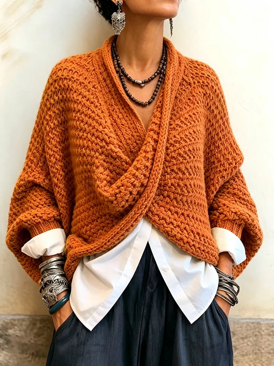 CrossKnit – 🤲⏰ Cozy Relaxed Batwing-Sleeve Crossover V-Neck Sweater