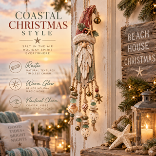 Vintage Coastal Santa Lighted Wall Decor – Beach House Christmas Hanging with Starfish, Shells & Warm Glow