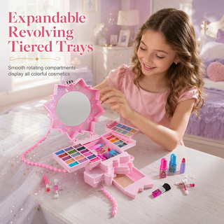 PrincessGlow – Washable Kids' Makeup Set with Revolving Trays & Portable Case 🎀