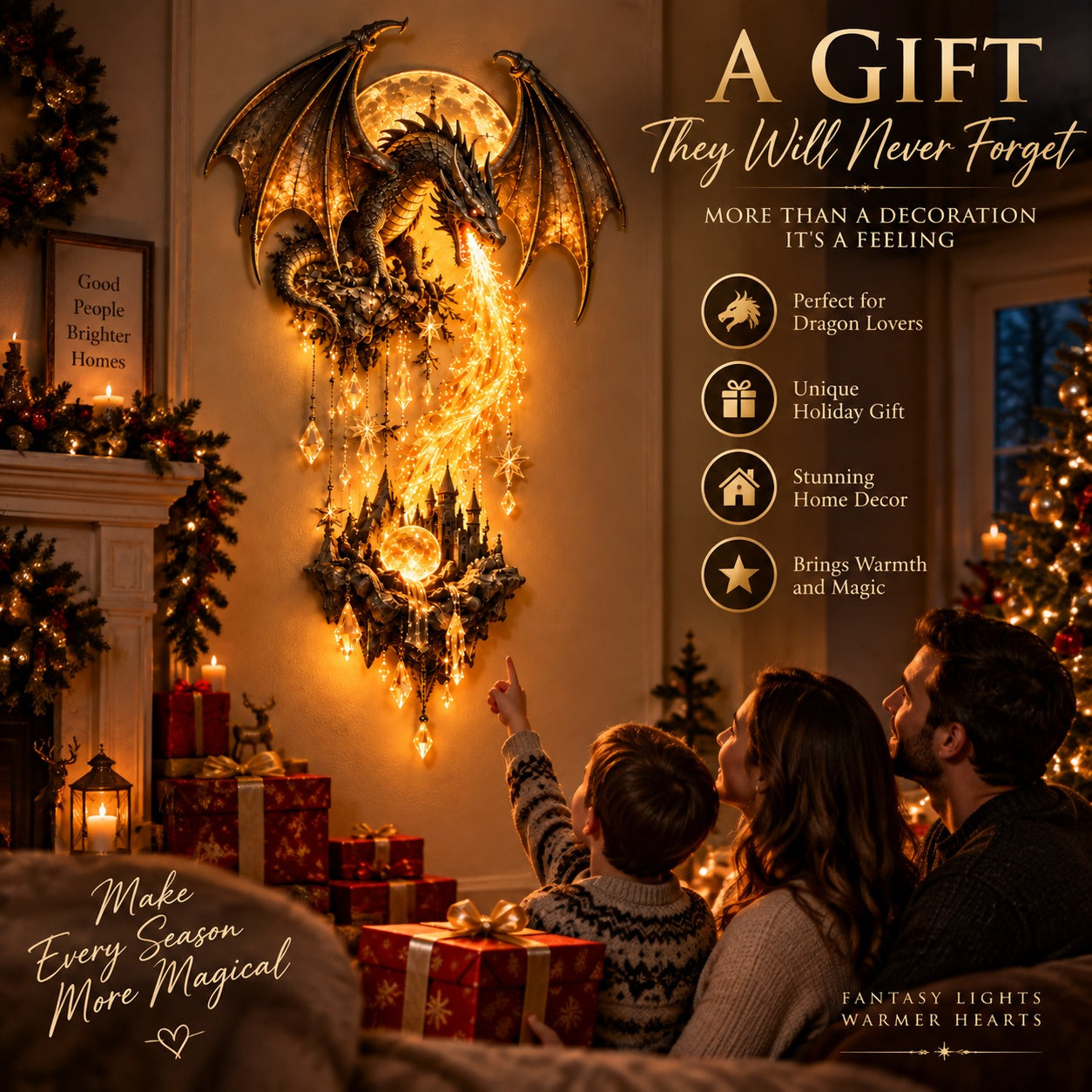 DragonGlow – 🔥 🐉 Dragonfire Moonlight Wall Lamp, Enchanted Fantasy Castle Décor 🌙