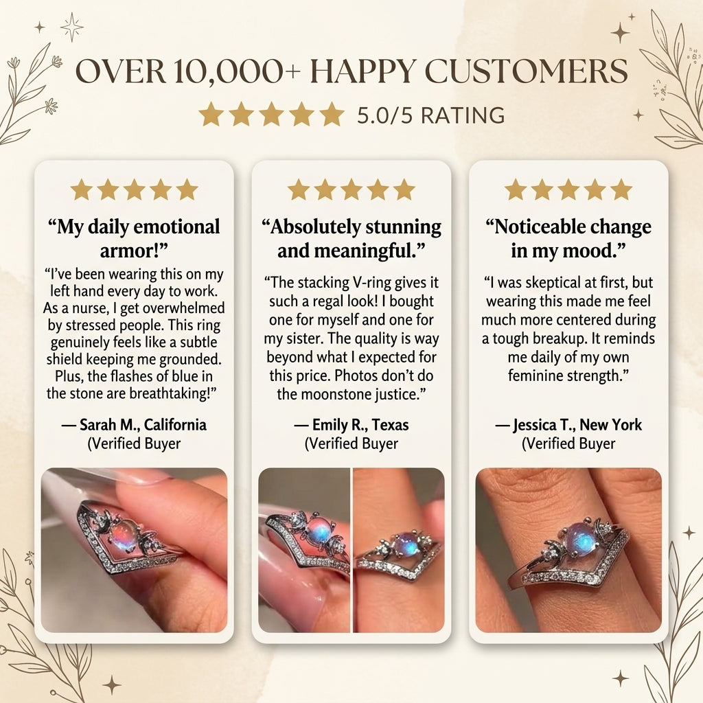 LunarShield – Triple Moon Goddess Natural Rainbow Moonstone Ring Set