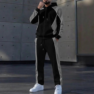 ✨ StrideBlock – Men's Color-Block Zip-Up Hoodie & Sweatpants 2-Piece Set
