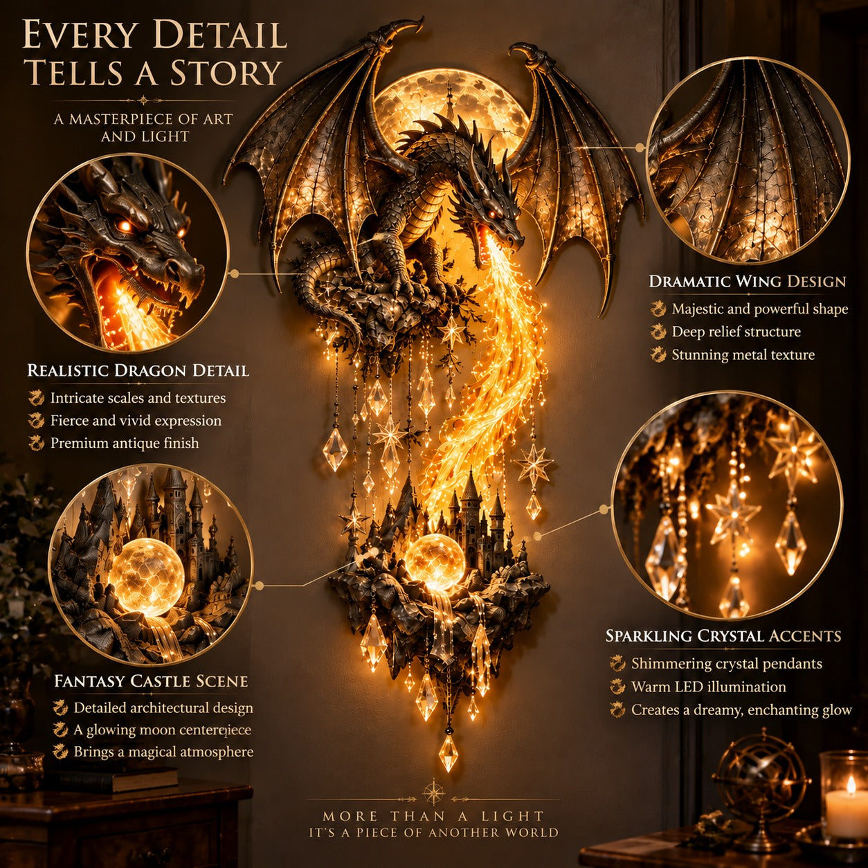 DragonGlow – 🔥 🐉 Dragonfire Moonlight Wall Lamp, Enchanted Fantasy Castle Décor 🌙