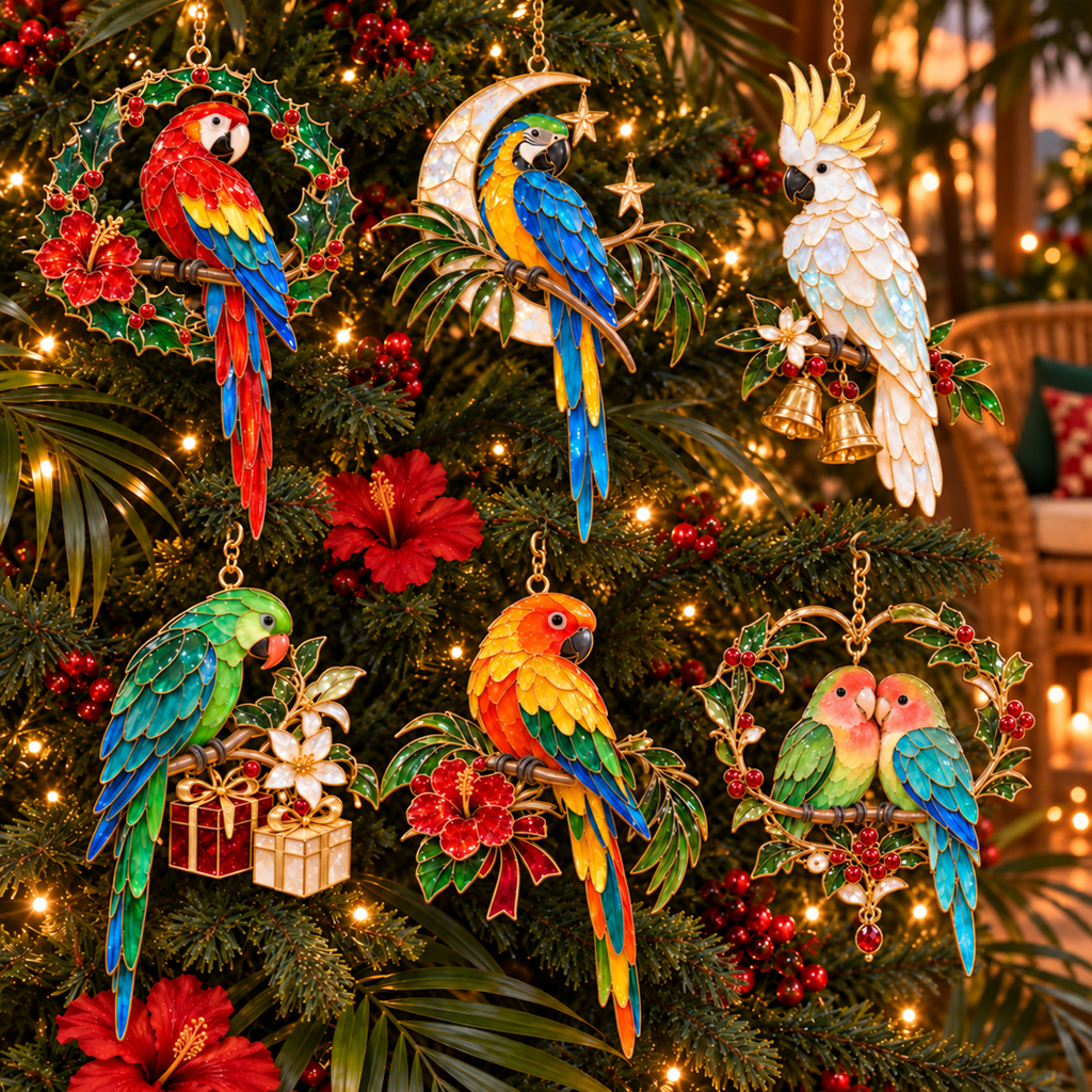 TropicGlow – Vintage Stained Glass-Style Parrot Christmas Ornaments