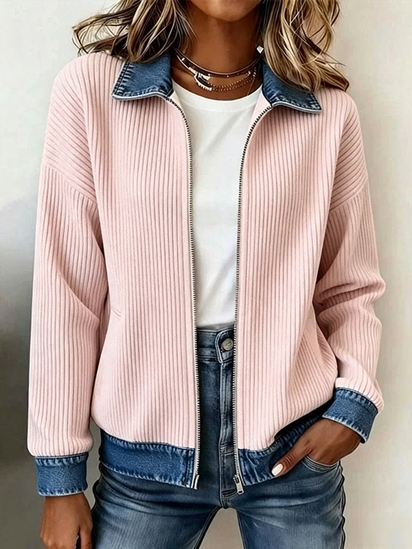 DenimRib – 🎁🔥 Women's Casual Ribbed Knit Zip-Up Jacket with Contrast Denim Details