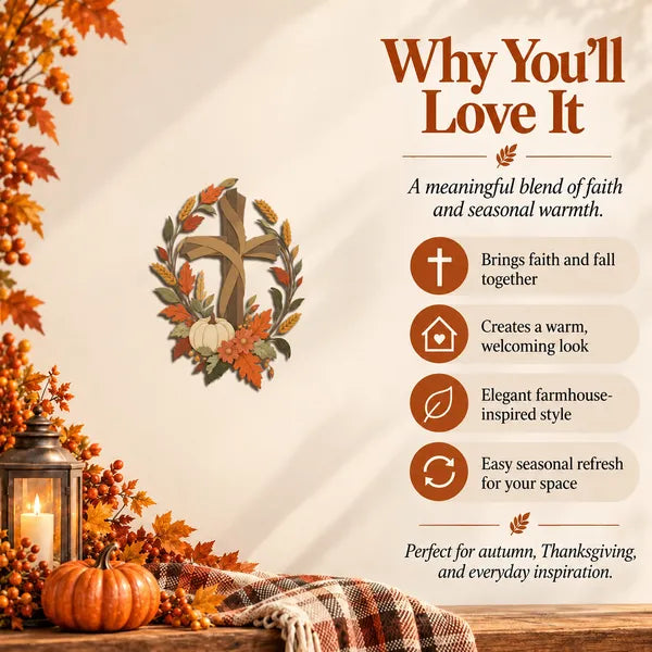 ✝️🍂 Autumn Cross & Pumpkin Harvest Metal Wall Decor