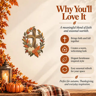 ✝️🍂 Autumn Cross & Pumpkin Harvest Metal Wall Decor