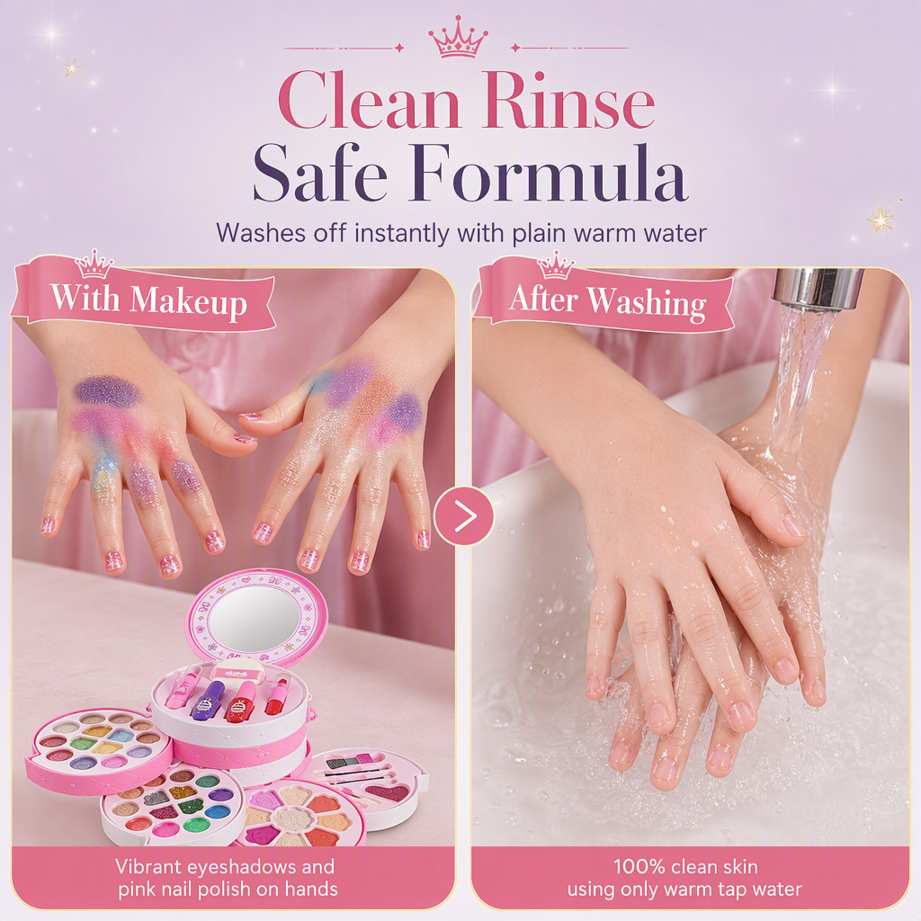 PrincessGlow – Washable Kids' Makeup Set with Revolving Trays & Portable Case 🎀