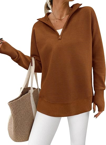 RibLoom – Women's Ribbed Half-Zip Tunic Sweater, Relaxed Fit Long Sleeve Pullover