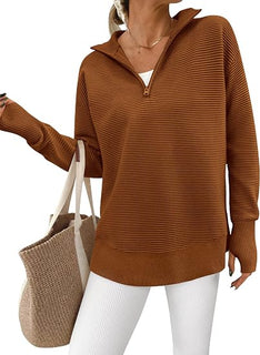 RibLoom – Women's Ribbed Half-Zip Tunic Sweater, Relaxed Fit Long Sleeve Pullover
