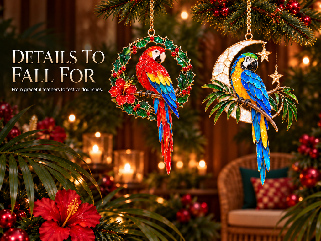 TropicGlow – Vintage Stained Glass-Style Parrot Christmas Ornaments