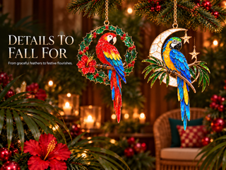 TropicGlow – Vintage Stained Glass-Style Parrot Christmas Ornaments