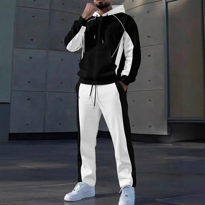 ✨ StrideBlock – Men's Color-Block Zip-Up Hoodie & Sweatpants 2-Piece Set
