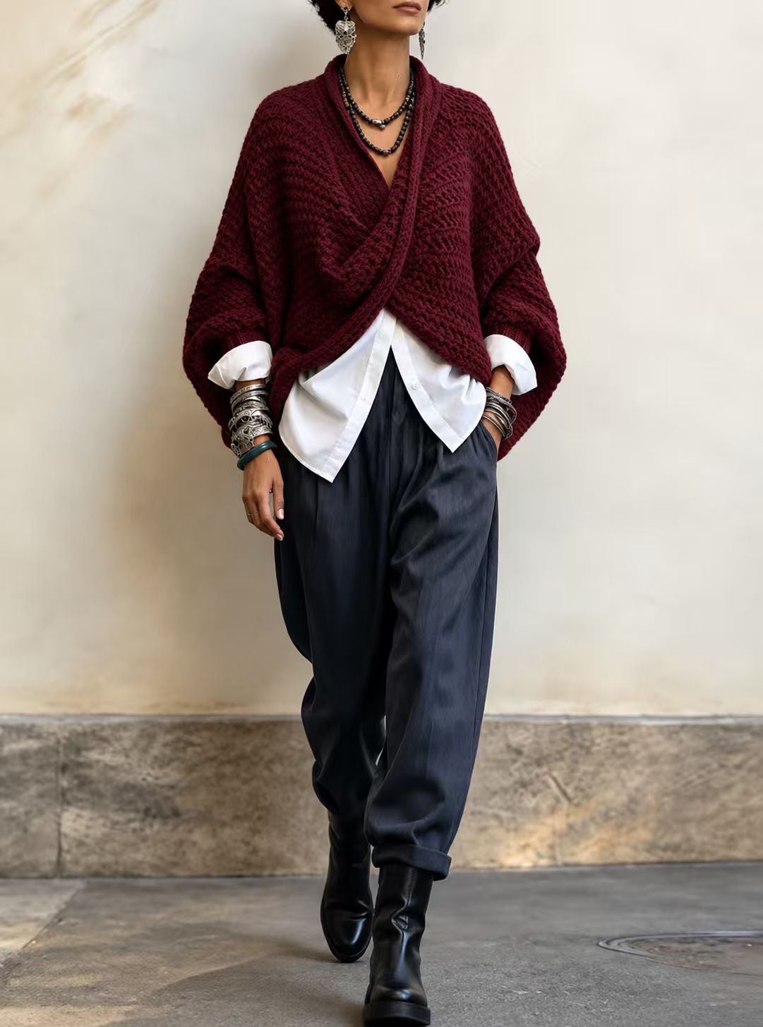 CrossKnit – 🤲⏰ Cozy Relaxed Batwing-Sleeve Crossover V-Neck Sweater