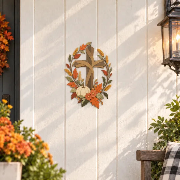 ✝️🍂 HarvestGrace – Autumn Cross & Pumpkin Metal Wall Decor