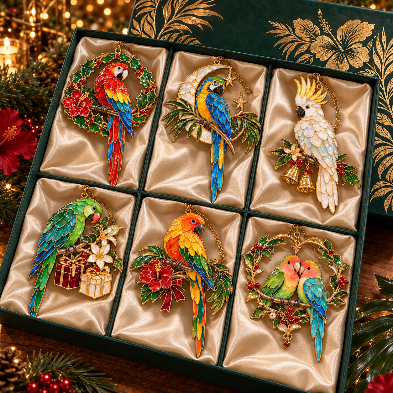 TropicGlow – Vintage Stained Glass-Style Parrot Christmas Ornaments