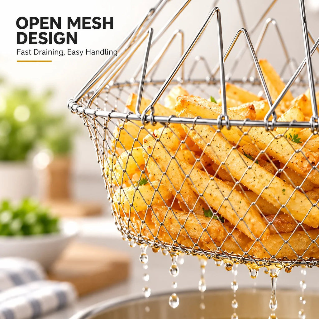 ChefFold – 🔥 Foldable Stainless Steel Frying Basket & Colander ✨