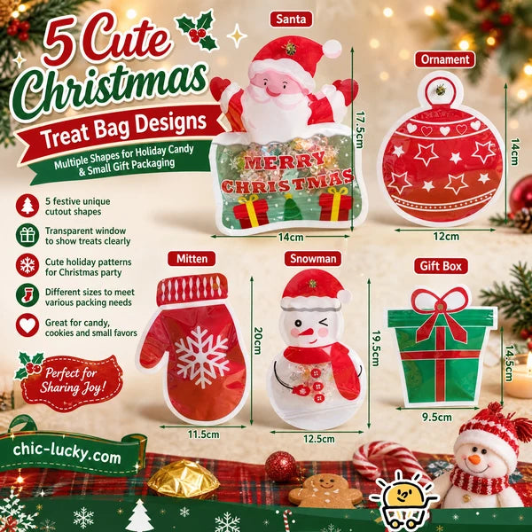 MerryZip – 💖🎁 Easy Fill, Easy Seal 🎄 Festive Self-Seal Treat Bags with Santa & Snowman Print, Resealable, Food-Safe & Perfect for Cookies, Chocolates & Little Gifts 🎅⛄