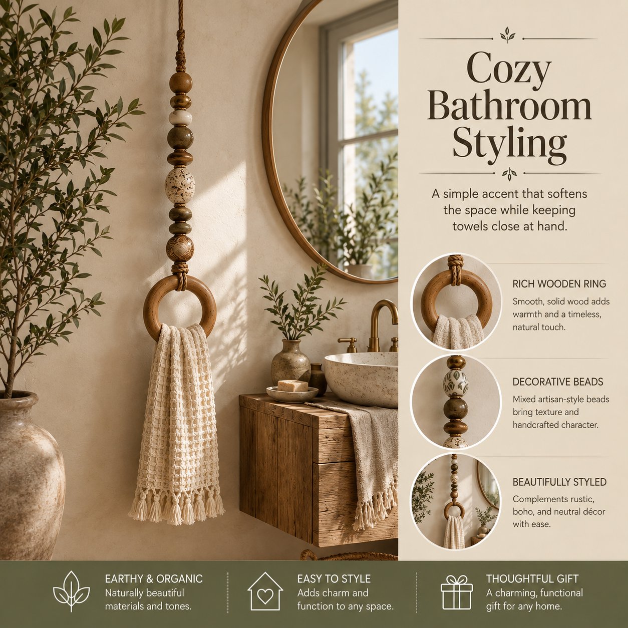 BeadNook – Boho Beaded Rope Towel Hanger for Bathroom & Kitchen