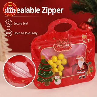 MerryZip – 💖🎁 Easy Fill, Easy Seal 🎄 Festive Self-Seal Treat Bags with Santa & Snowman Print, Resealable, Food-Safe & Perfect for Cookies, Chocolates & Little Gifts 🎅⛄