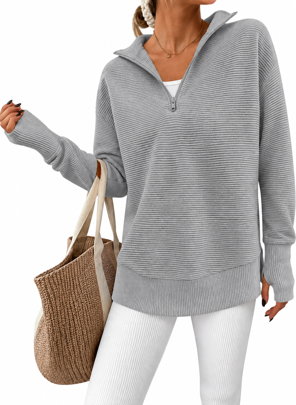 RibLoom – Women's Ribbed Half-Zip Tunic Sweater, Relaxed Fit Long Sleeve Pullover