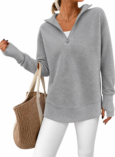 RibLoom – Women's Ribbed Half-Zip Tunic Sweater, Relaxed Fit Long Sleeve Pullover