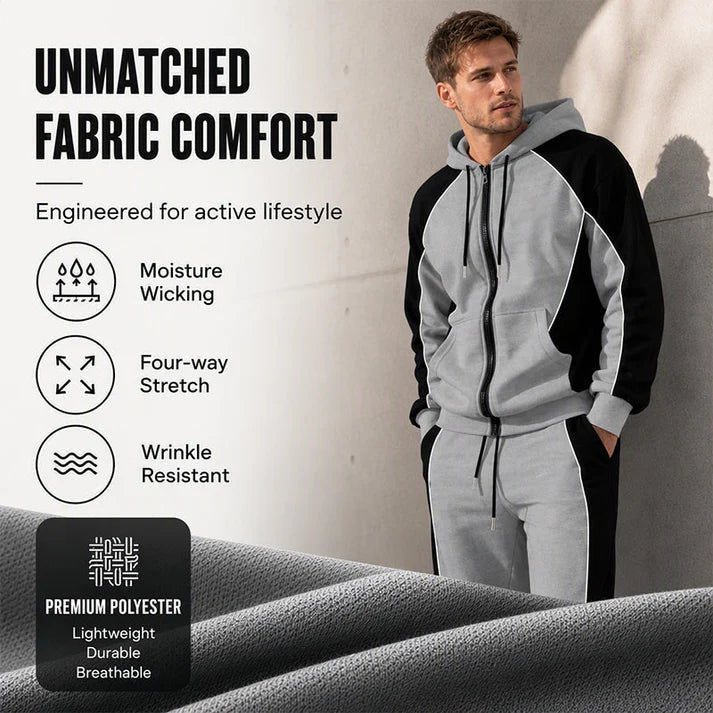 ✨ StrideBlock – Men's Color-Block Zip-Up Hoodie & Sweatpants 2-Piece Set