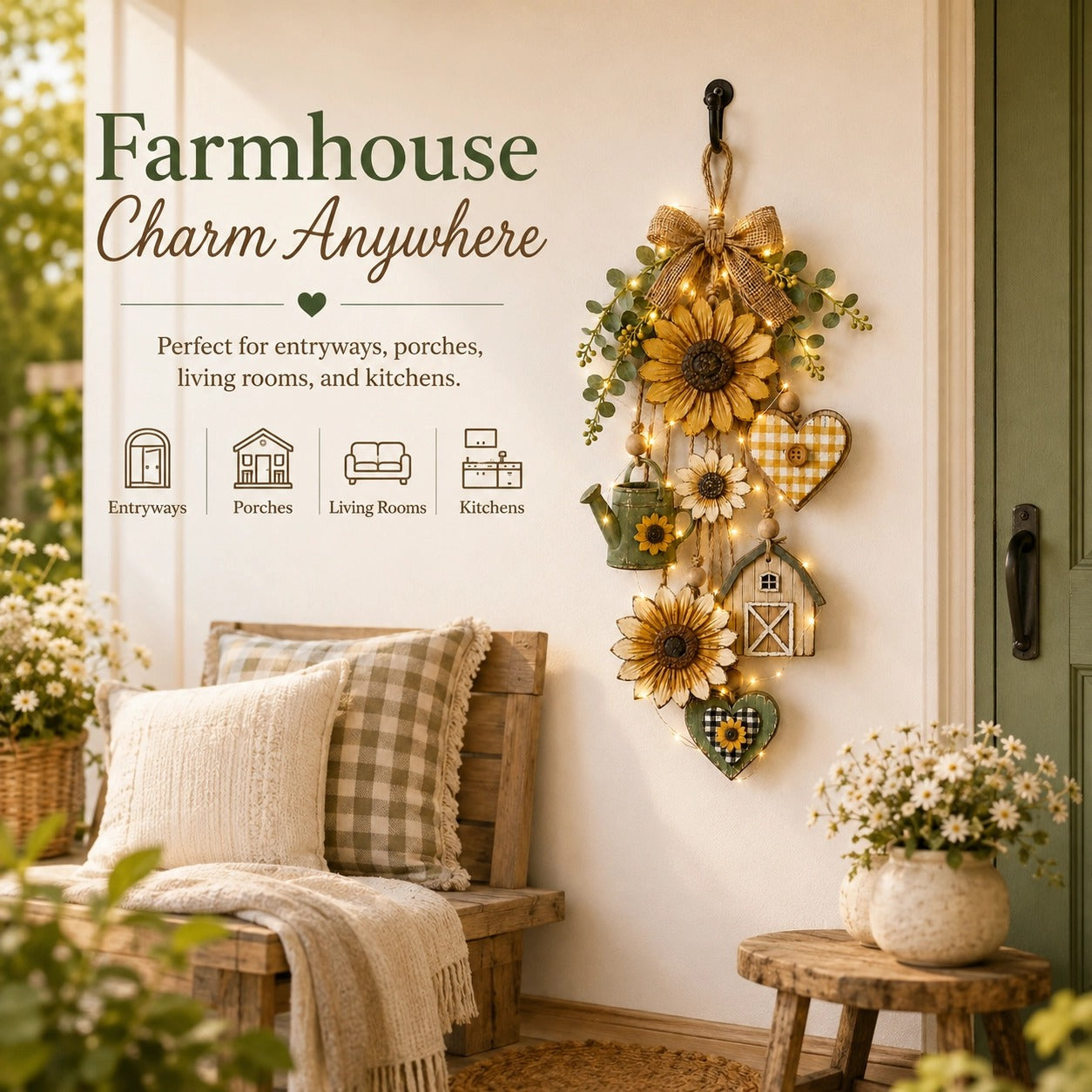 🌻SunnyHearth – Rustic Wooden Garden-Themed Hanging Ornament with Remote Control Fairy Lights
