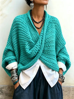 CrossKnit – 🤲⏰ Cozy Relaxed Batwing-Sleeve Crossover V-Neck Sweater