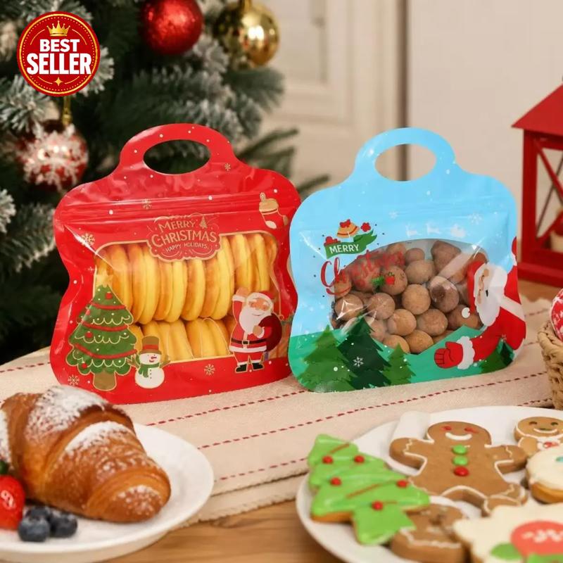 MerryZip – 💖🎁 Easy Fill, Easy Seal 🎄 Festive Self-Seal Treat Bags with Santa & Snowman Print, Resealable, Food-Safe & Perfect for Cookies, Chocolates & Little Gifts 🎅⛄