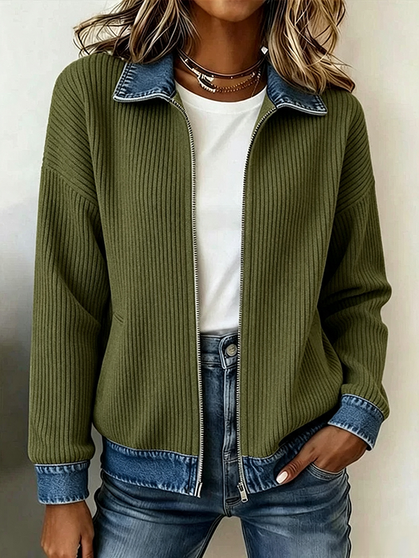 DenimRib – 🎁🔥 Women's Casual Ribbed Knit Zip-Up Jacket with Contrast Denim Details