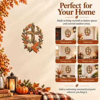 ✝️🍂 Autumn Cross & Pumpkin Harvest Metal Wall Decor