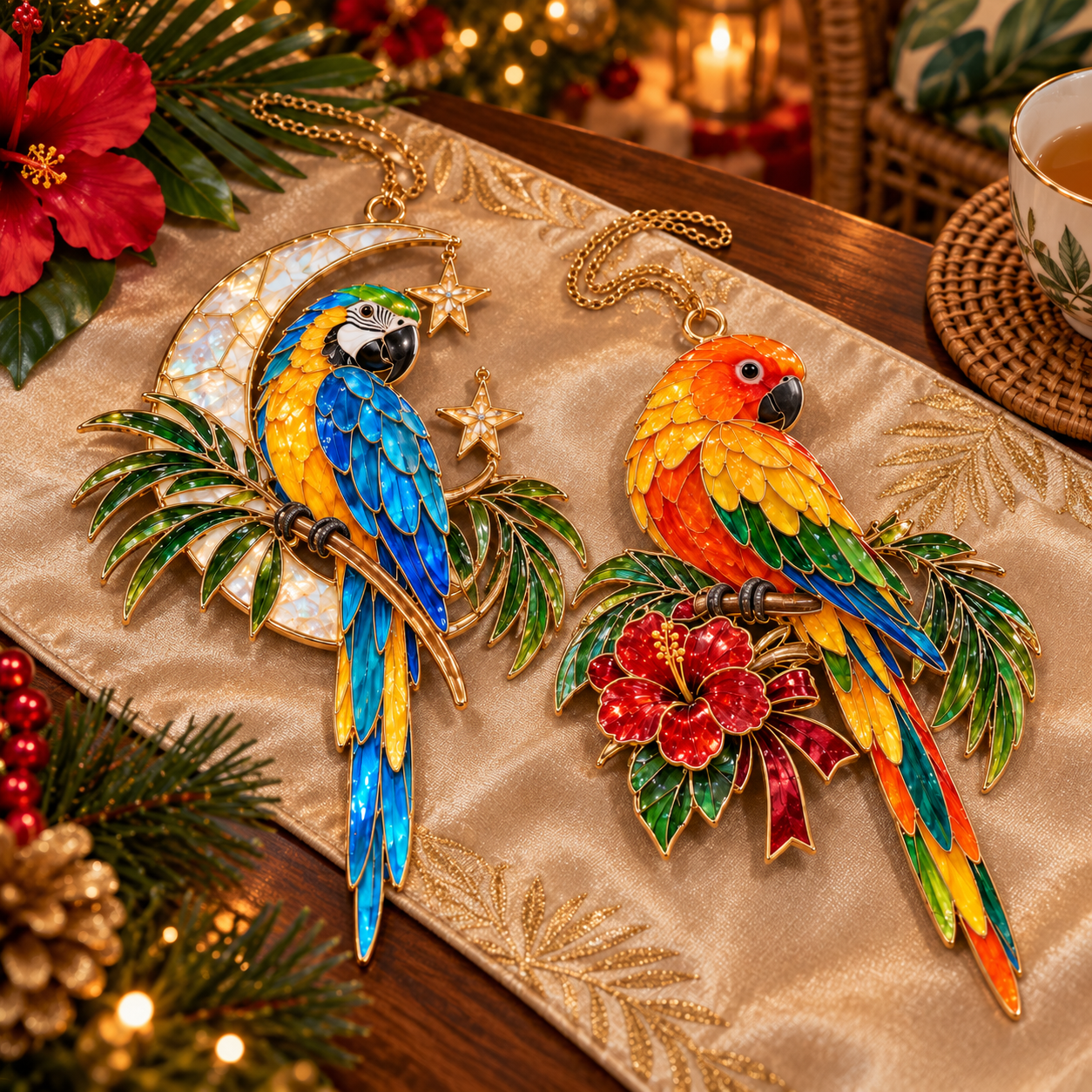 TropicGlow – Vintage Stained Glass-Style Parrot Christmas Ornaments