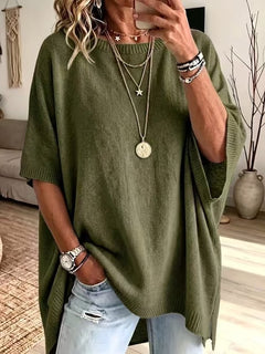 ✨Oversized Round Neck Knit Poncho Sweater, Solid Color Side Slit Loose Pullover for Women