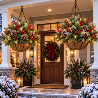 HollyGlow – 🎄🏆 Pre-Lit Christmas Hanging Basket | 🎄 Weather-Resistant & Zero Maintenance