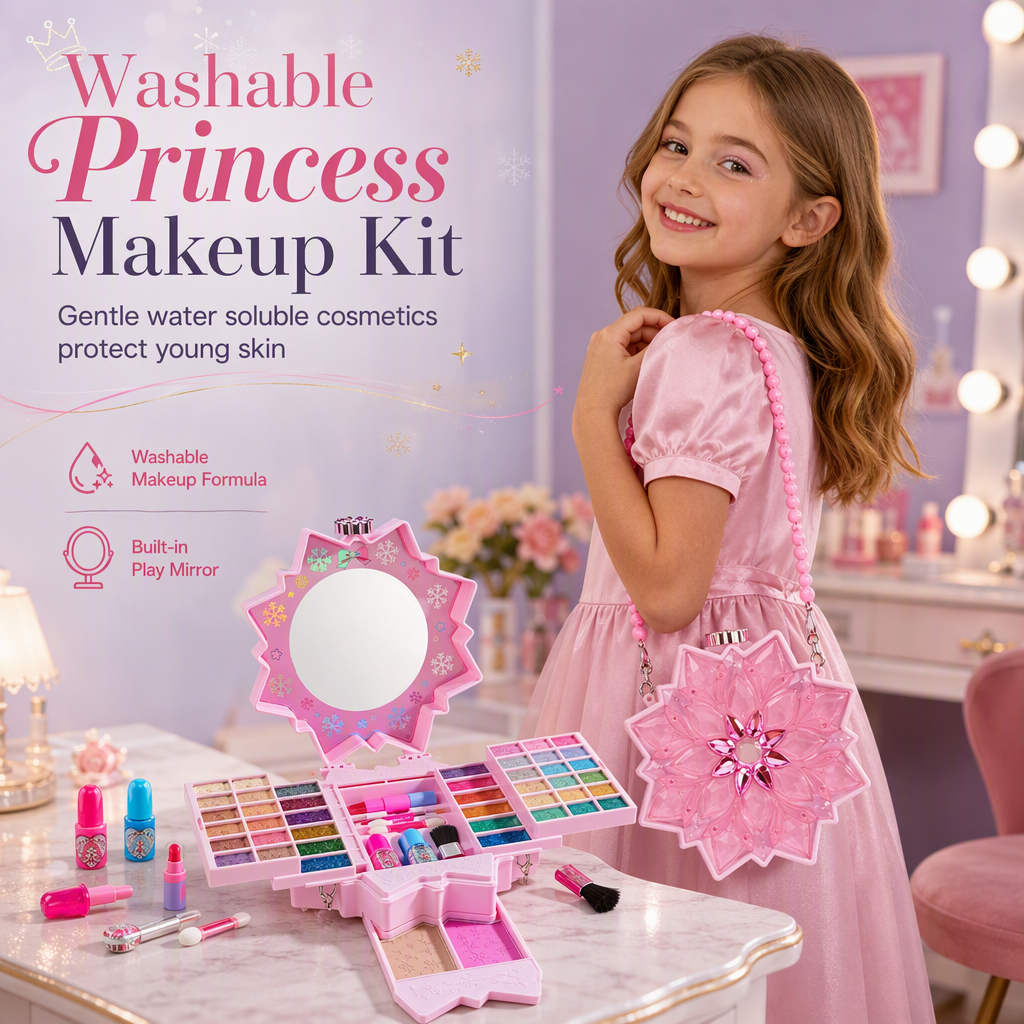 PrincessGlow – Washable Kids' Makeup Set with Revolving Trays & Portable Case 🎀