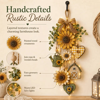 🌻SunnyHearth – Rustic Wooden Garden-Themed Hanging Ornament with Remote Control Fairy Lights
