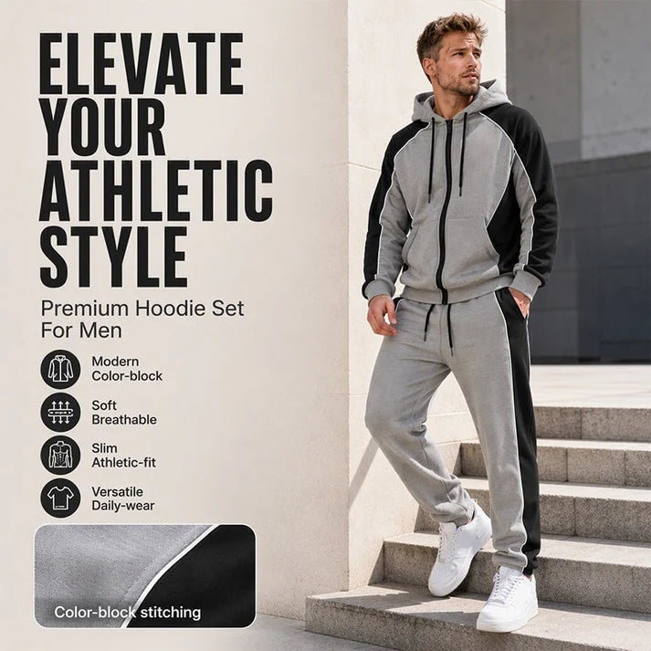 ✨ StrideBlock – Men's Color-Block Zip-Up Hoodie & Sweatpants 2-Piece Set